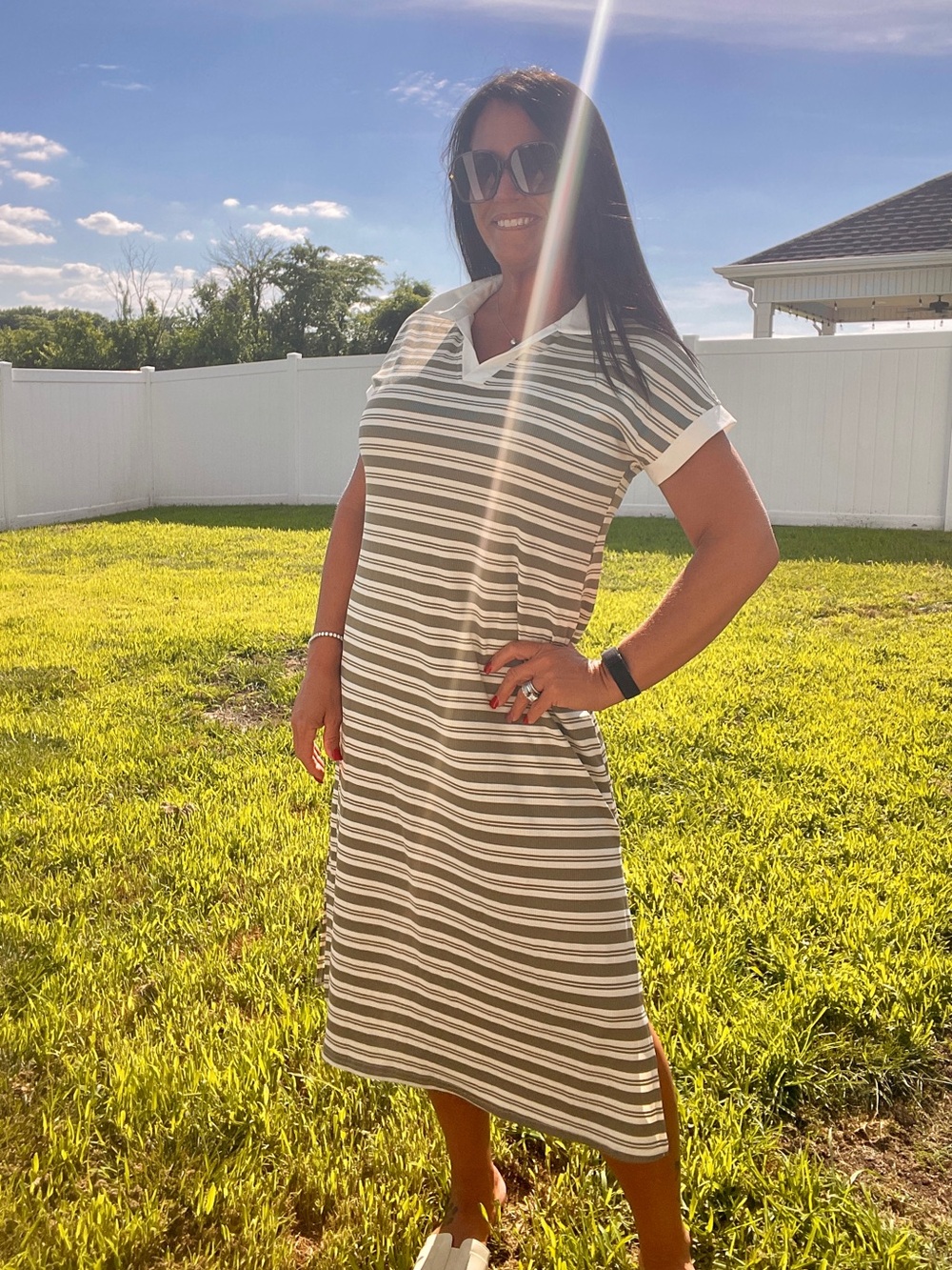 Striped Olive and White Polo Midi Dress - Picture 2 of 2